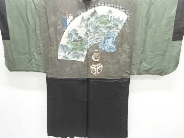 JAPANESE KIMONO / ANTIQUE MENS HAORI / SILK / LION & POT (lining)